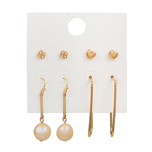 Sweet Rhinestone Inlaid Heart and Round Geometric Pearl Drop Earrings Set