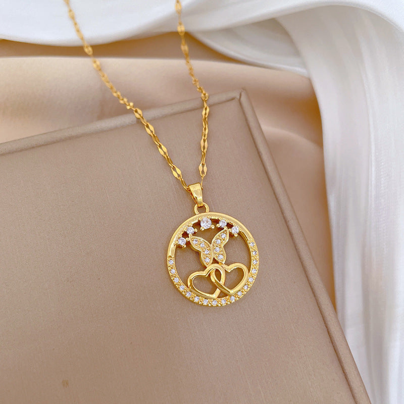 Elegant Butterfly and Heart Shaped Titanium Steel Necklace with Rhinestone Inlay for Women, Minimalist Geometric Locket Chain
