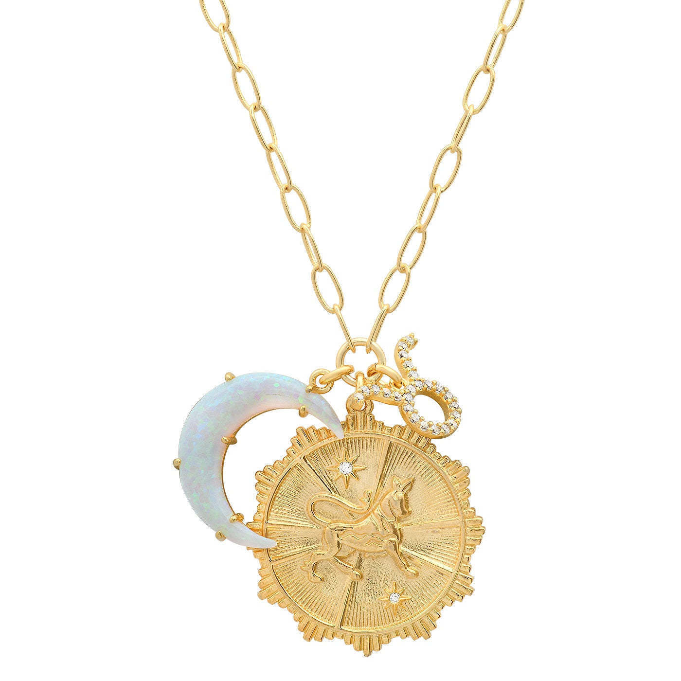 Collana con Pendente Vintage Segno Zodiacale Luna con Opale in Rame con Zirconi Micro-Pave, a Mezzaluna, Catenina Regolabile per Clavicola