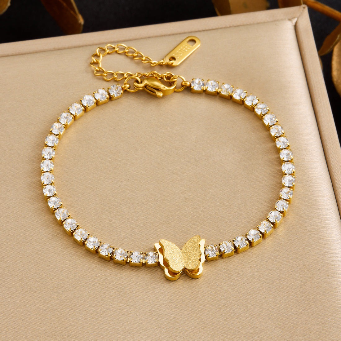Elegant Minimalist Gold Plated Stainless Steel Butterfly Rhinestone Bracelet for Women