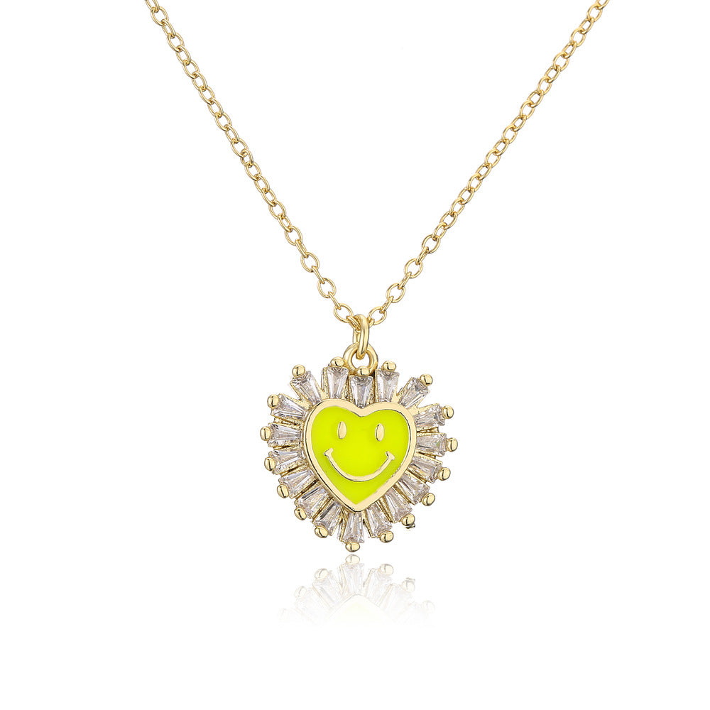 Cute Heart-Shaped Copper Pendant Necklace with Micro-Paved Zirconia and Enamel Smile Design