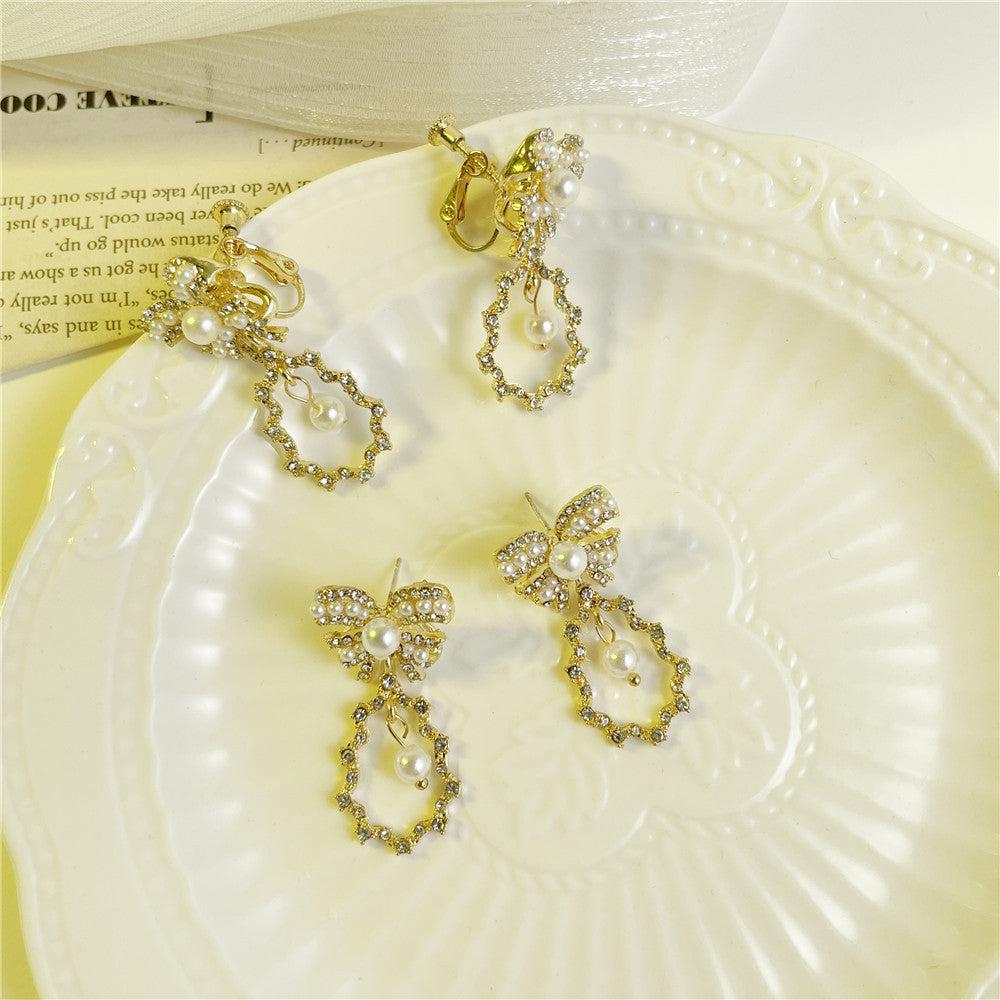 Vintage Elegant 925 Sterling Silver Bow Pearl Rhinestone Plated Alloy Drop Earrings with Tassel