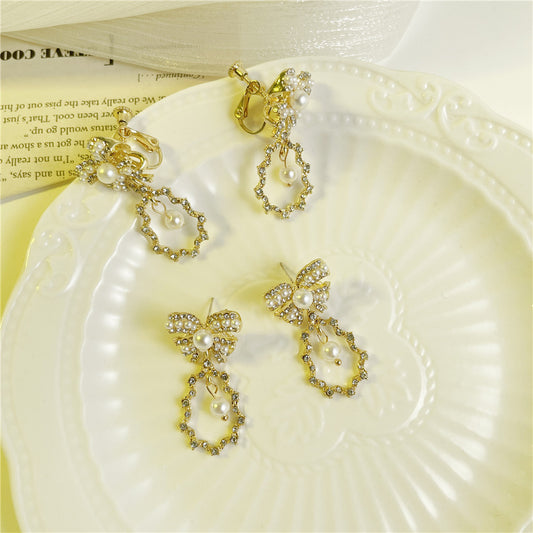 Vintage Elegant 925 Sterling Silver Bow Pearl Rhinestone Plated Alloy Drop Earrings with Tassel