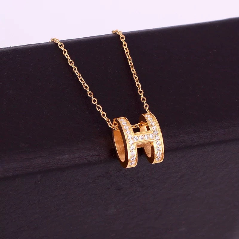 Minimalist Letter H Titanium Steel Necklace with Rhinestone Plated Pendant for Unisex