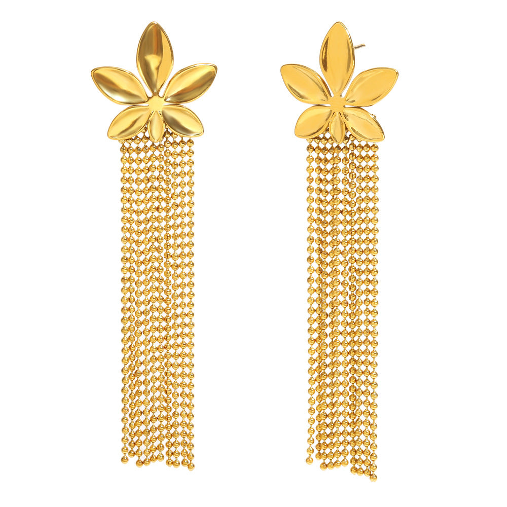 Orecchini Floreali Audaci in Acciaio Inossidabile con Placcatura in Oro 18K, con Gocce di Perle e Nappe per Donna