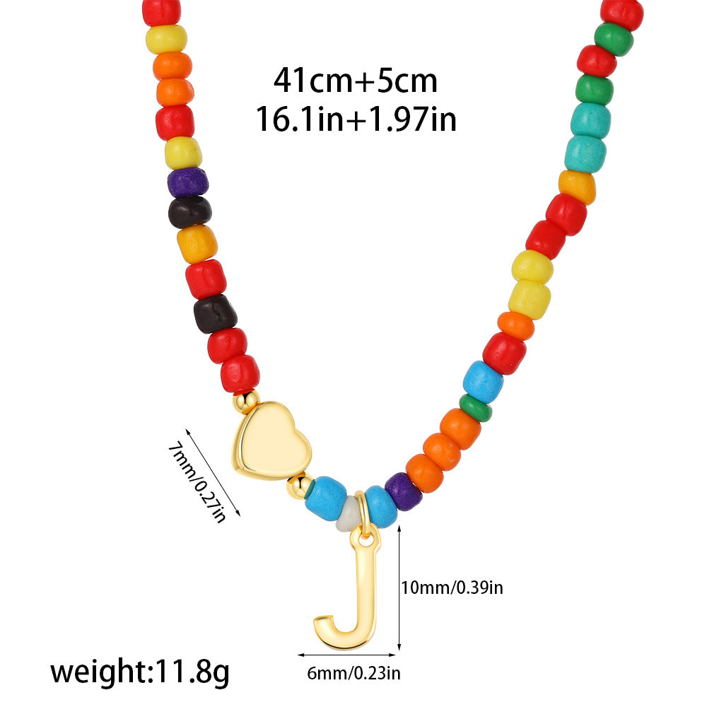 Collana Unisex Casual Placcata Oro 14K con Ciondolo a Cuore Lettera e Perline in Acciaio Inossidabile