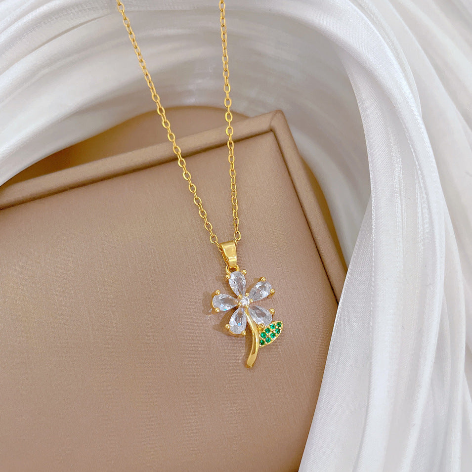 Minimalist Five-Petal Leaf Floral Pendant Necklace in Titanium Steel with Rhinestone Inlay for Women