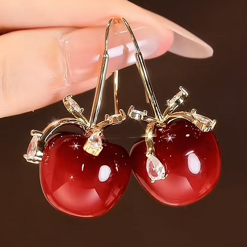 Chic Apple Bow Resin Earrings with Zircon Inlay for Women Lightweight Everyday Fashion Ear Hooks