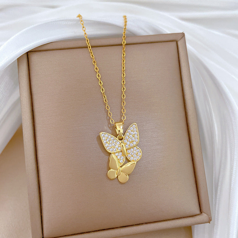 Sweet Minimalist Butterfly Cubic Zirconia Brass Pendant Titanium Steel Necklace for Unisex