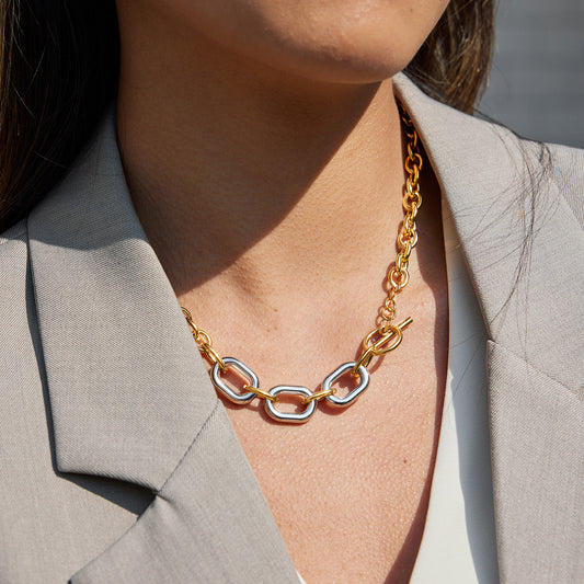 Collana da donna a catena in acciaio al titanio placcato PVD oro 18 carati bicolore geometrica minimalista