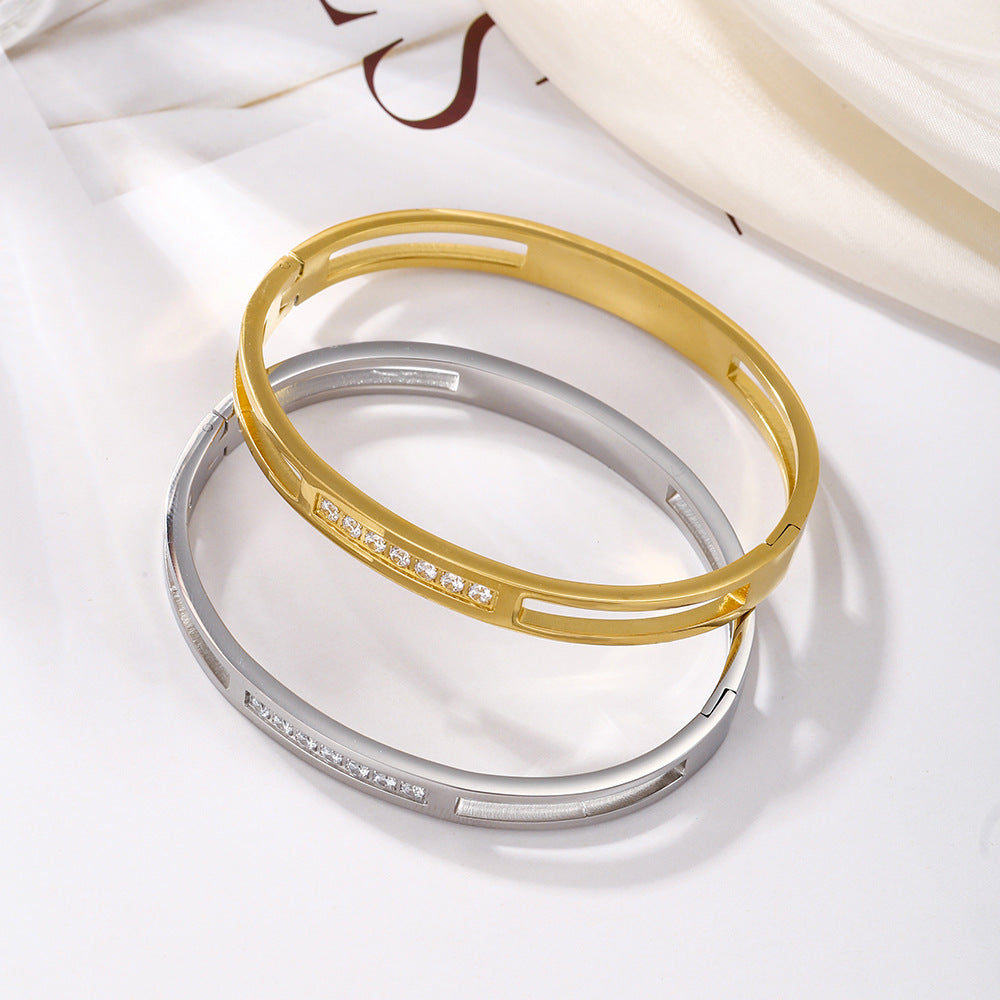 Gold Plated Stainless Steel Round Geometric Cubic Zirconia Bracelet for Women and Couples