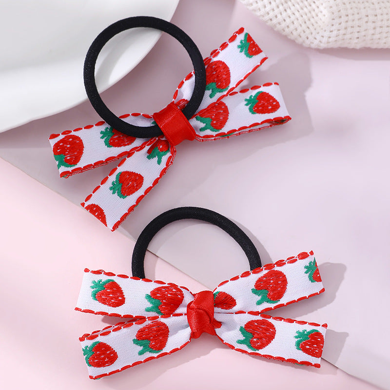Natural Style Bow-Shaped Hair Clip Set for Kids with Red Satin Ribbon and Strawberry Embroidery Design