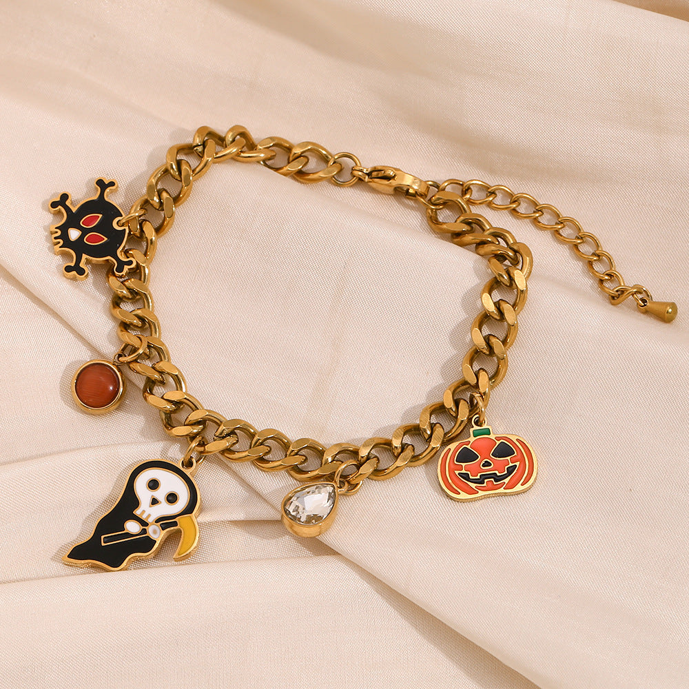 Cute and Playful Halloween Pumpkin Skull Pendant Bracelet in Stainless Steel with 18K Gold Plating, Geometric Design, Fashionable Office Wear Style