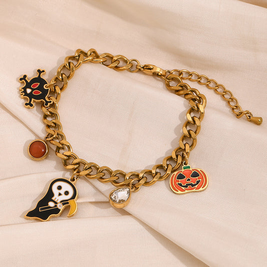 Bracciale con ciondolo a teschio di zucca di Halloween carino e giocoso in acciaio inossidabile con placcatura in oro 18 carati, design geometrico, stile alla moda per l'ufficio