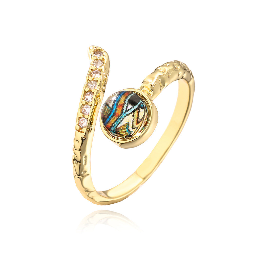 Anello aperto geometrico da donna con base in rame placcata in oro 18 carati e design a occhio turco con zirconi micro-incastonati