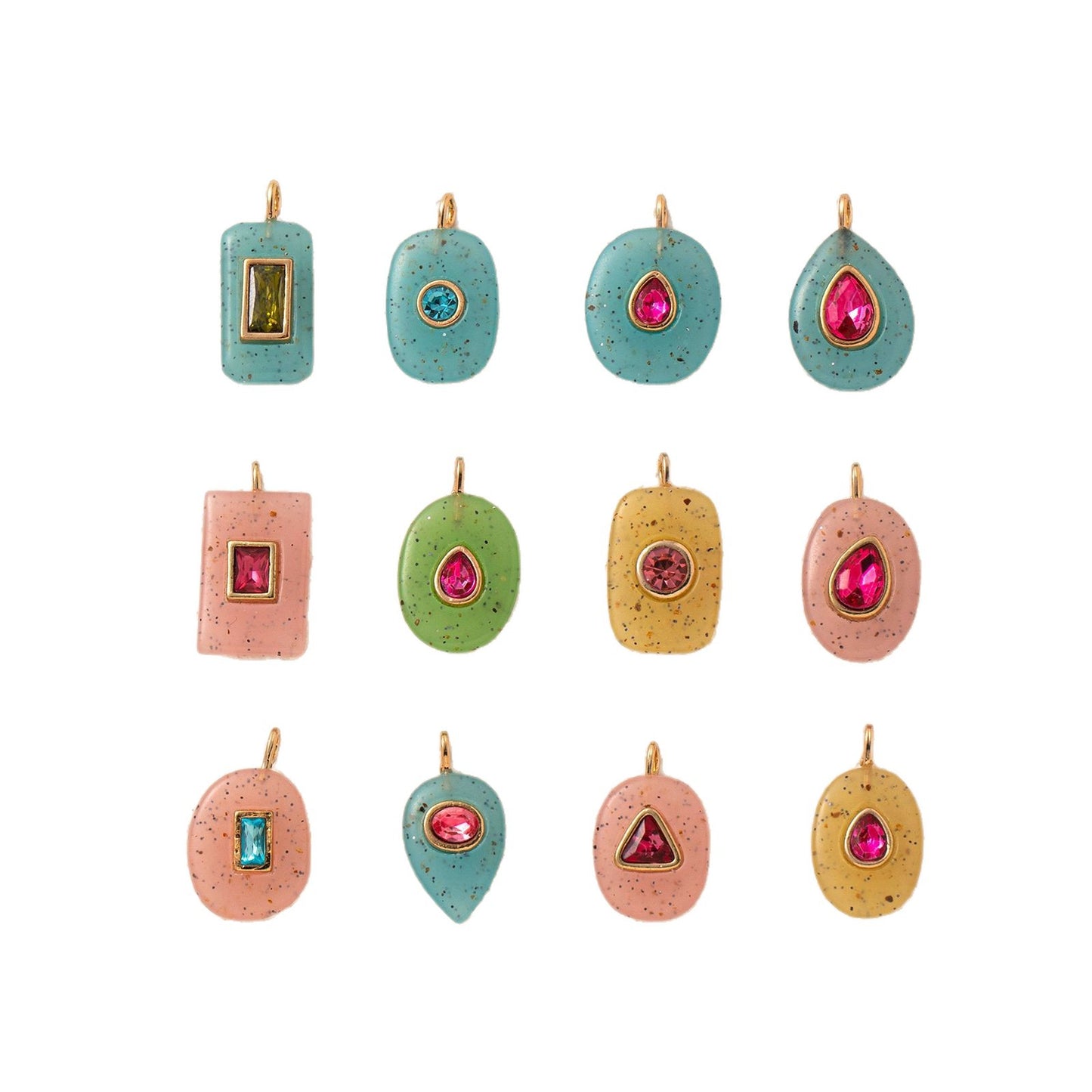 Colorful Birthstone Cubic Zirconia Round Square Glass DIY Charm Bar Gold Plated Brass Pendant