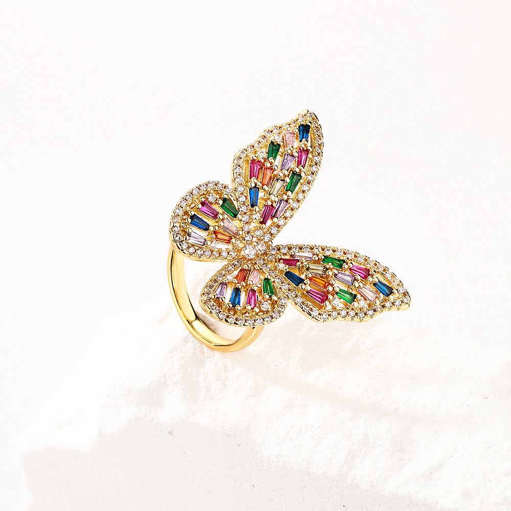 Elegant Luxury Butterfly-Shaped Ring for Women Made of Copper with Real Gold Plating and Micro-Pavé Colored Zirconia