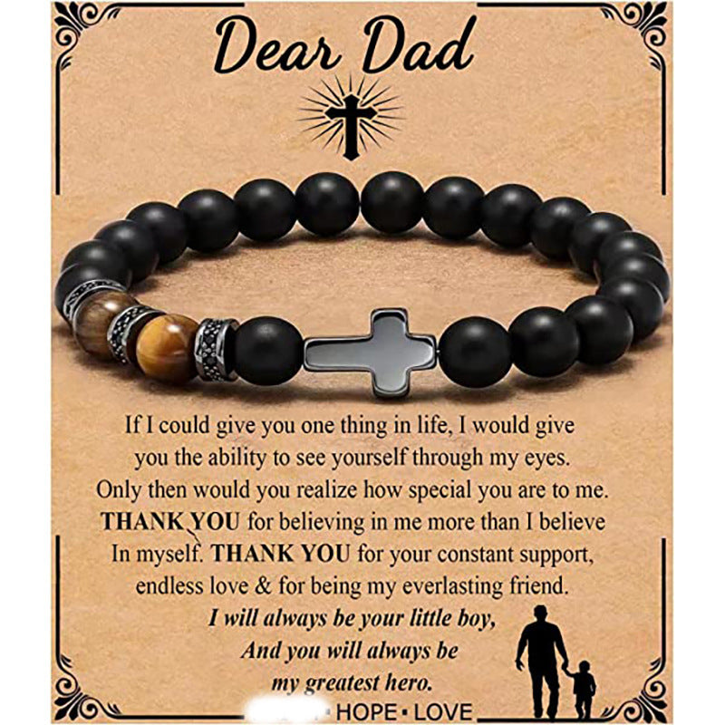 Minimalist Matte Black Beaded Bracelet with Small Cross Pendant Unisex Gift