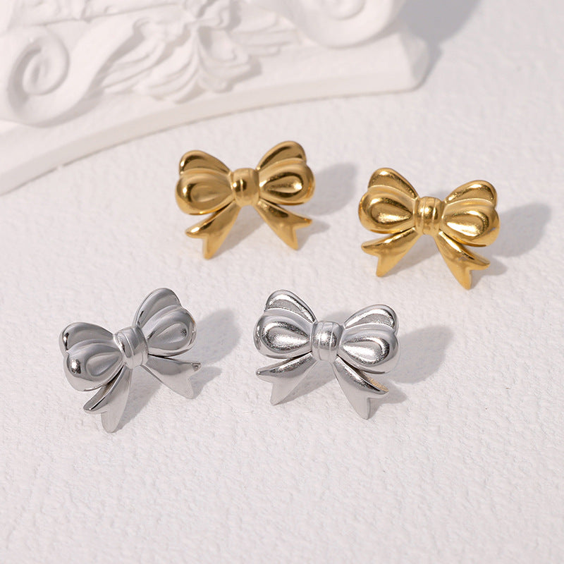 Minimalist Bow-Shaped Stainless Steel Stud Earrings with 18K Gold Plating for Women