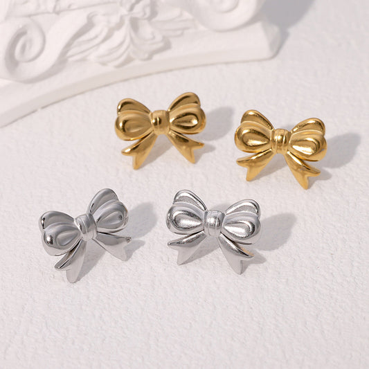Minimalist Bow-Shaped Stainless Steel Stud Earrings with 18K Gold Plating for Women