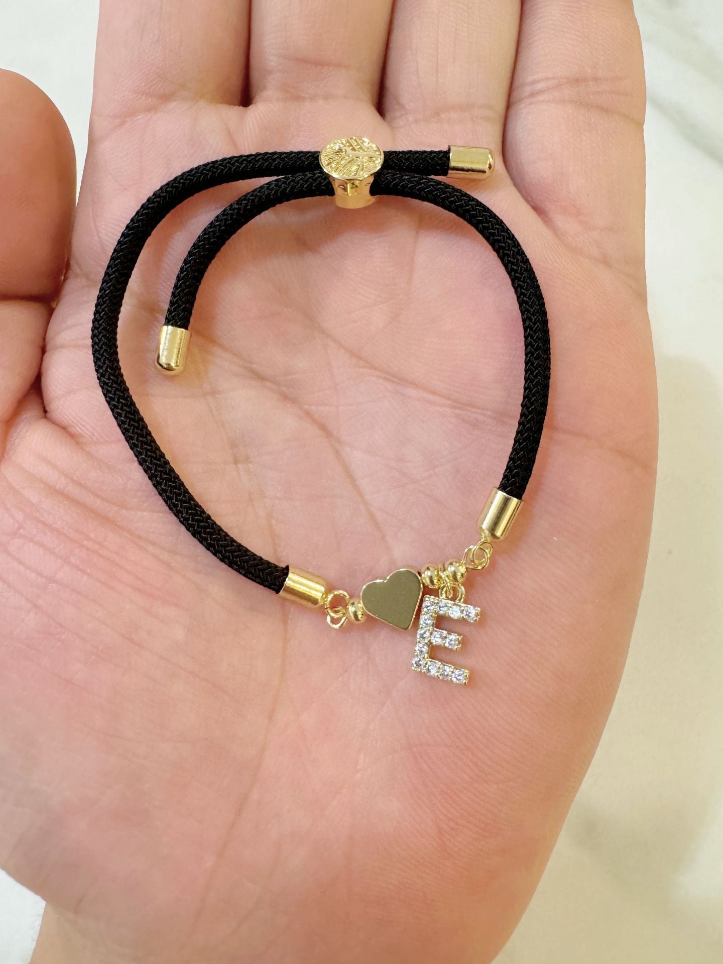 Minimalist Letter Heart Brass Plated Cubic Zirconia Bracelet with Adjustable Black Cord for Women