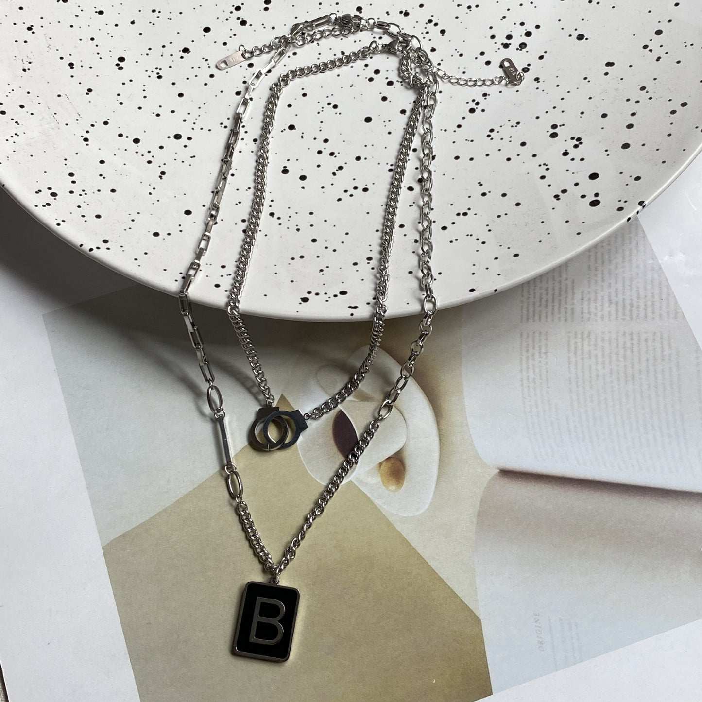 Minimalist Titanium Steel Letter B Square Pendant Necklace Plated Layered Chain Unisex Jewelry