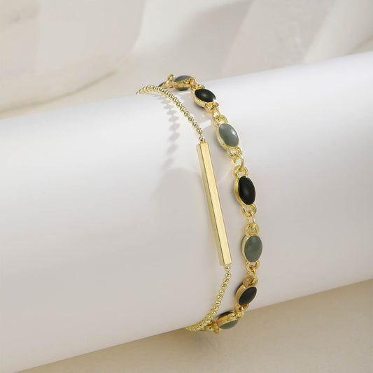 Pulsera de cobre minimalista francesa retro de dos tonos para mujer con diseño en forma de U, acabado galvanizado y detalles de perlas