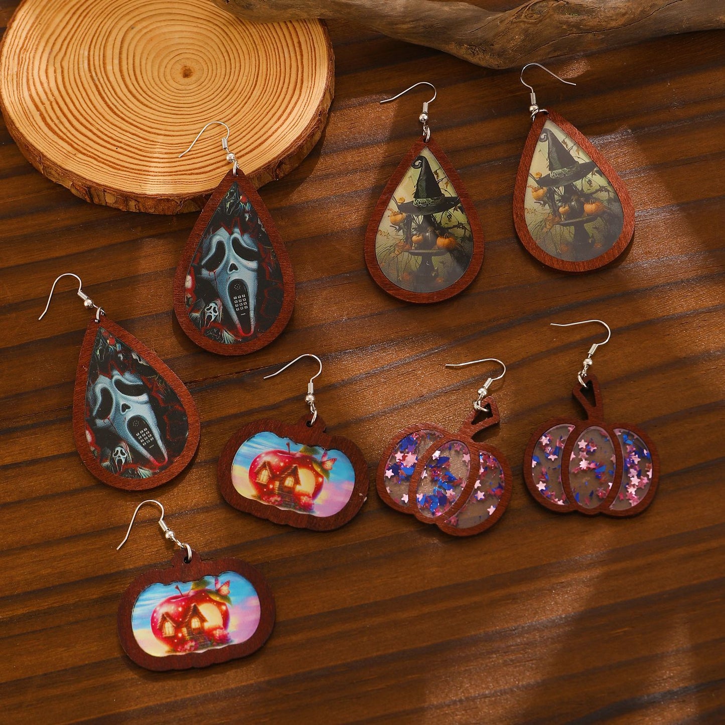 Pendientes geométricos con temática de Halloween, con motivos de calabazas y fantasmas impresos, pendientes de madera de Halloween para mujer