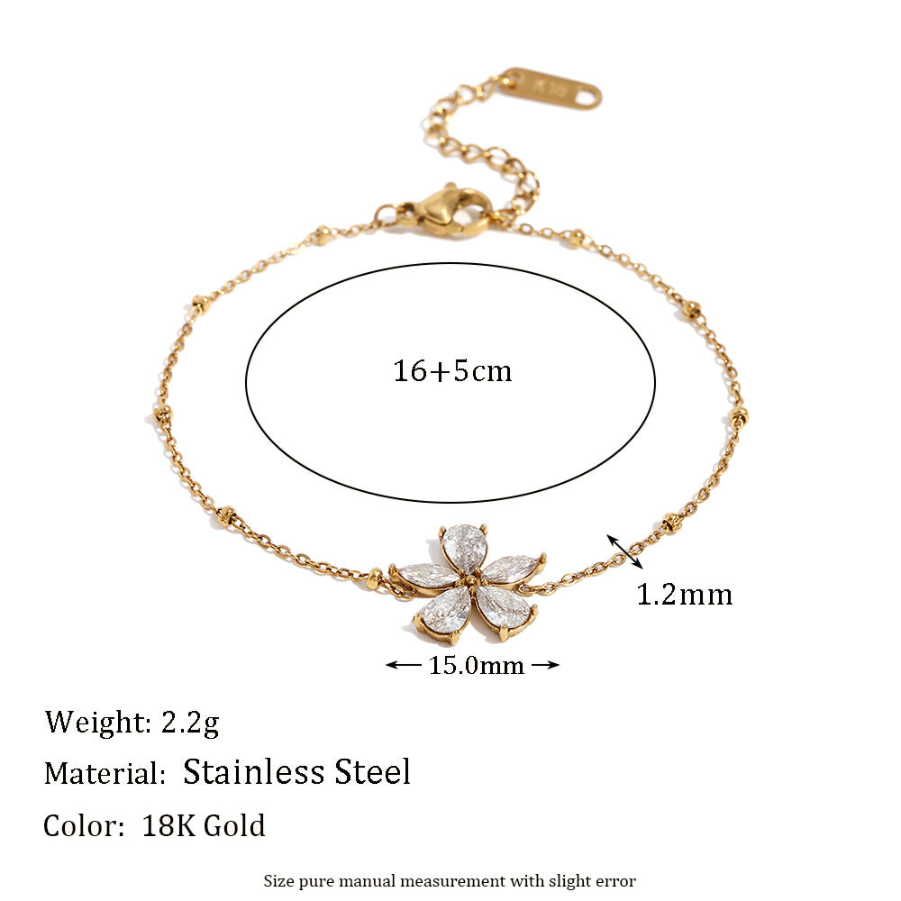 Bracciale da donna placcato oro 18 carati in acciaio inossidabile con fiore di zircone, motivo floreale alla moda