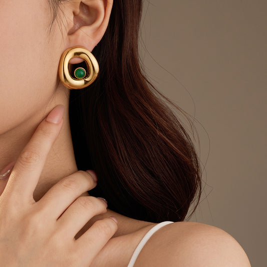 Vintage French-Style Irregular Round Hollow-Out Geometric Earrings for Women in Titanium Steel with Natural Stone Inlay and Plated Finish