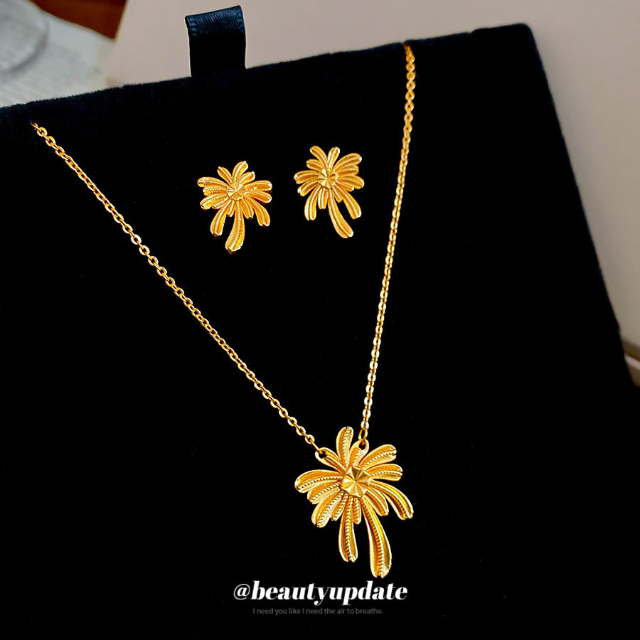 Conjunto de collar y pendientes con dije floral chapado en oro para mujer, estilo francés vintage, joyería de cobre con patrón botánico y cadena de medallón