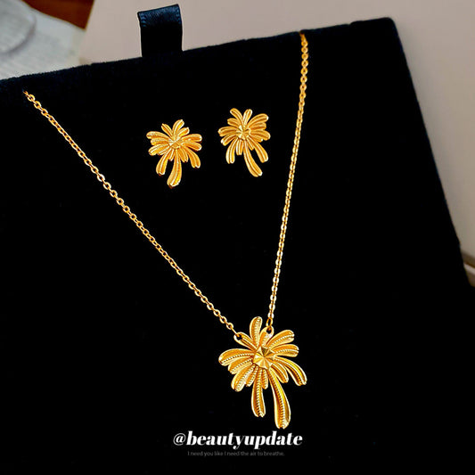 Parure di collana e orecchini con ciondolo floreale placcato oro da donna, gioielli vintage in rame stile francese con catena a medaglione a motivo botanico