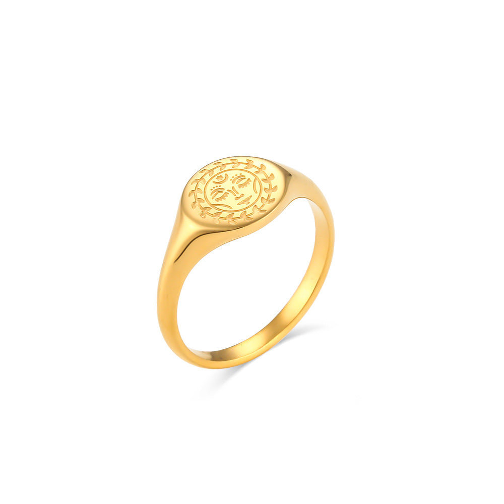 Anello da donna in acciaio inossidabile placcato oro 18 carati con motivo geometrico vintage a stelle e luna