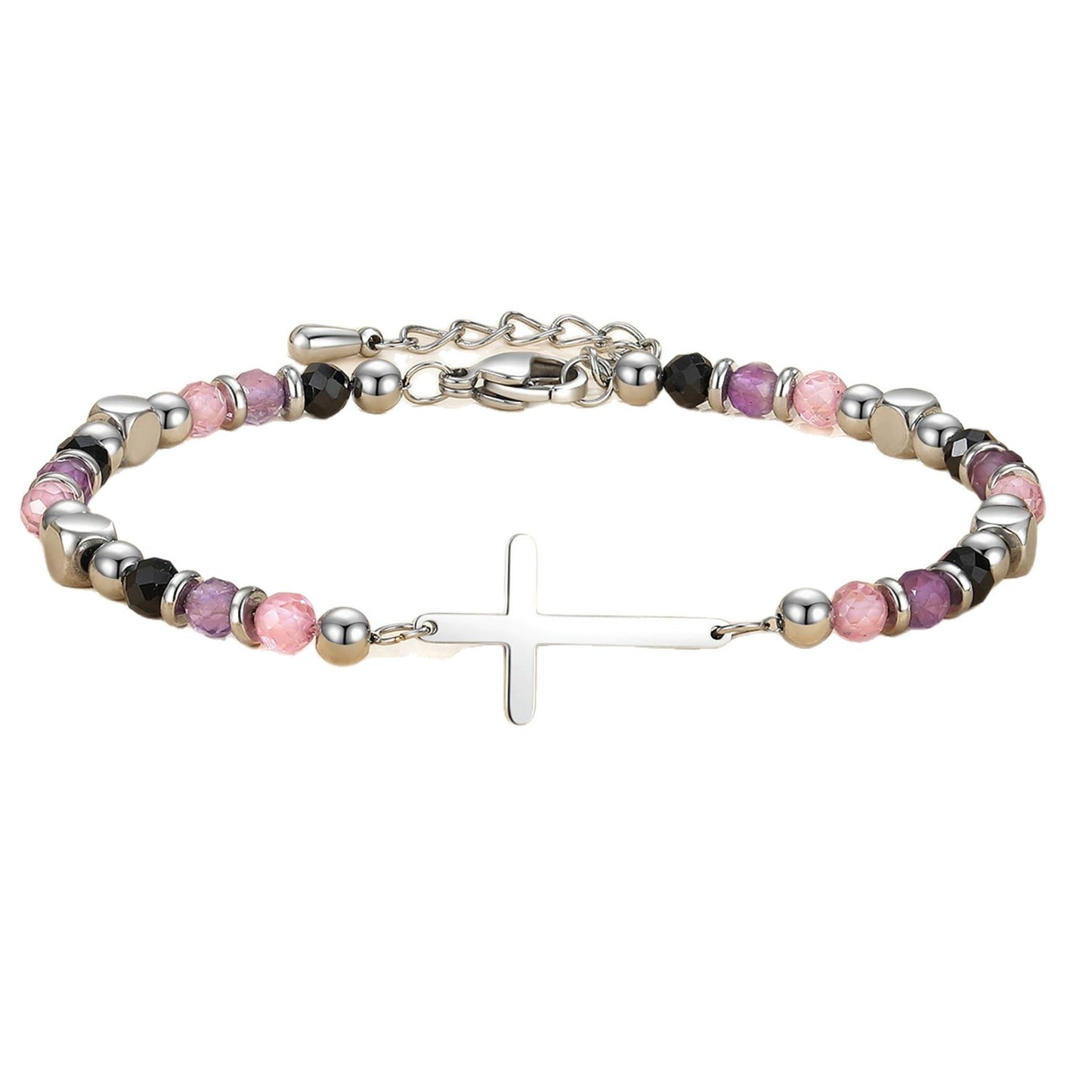 Minimalist Business Geometric Cross Stainless Steel Bracelet with Faceted Amethyst and Rose Quartz Beads Unisex Adjustable