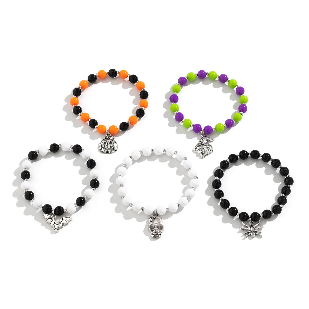 Dark Gothic Skull and Pumpkin Bracelet Set with Alloy Beads, Spider and Insect Motifs, Electroplated Finish for Women