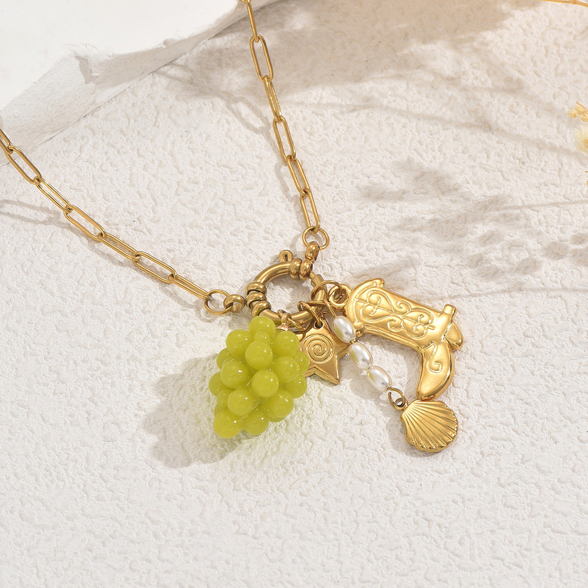 Collana da donna con conchiglia geometrica e intarsi in perle, con ciondolo in rame su catena standard