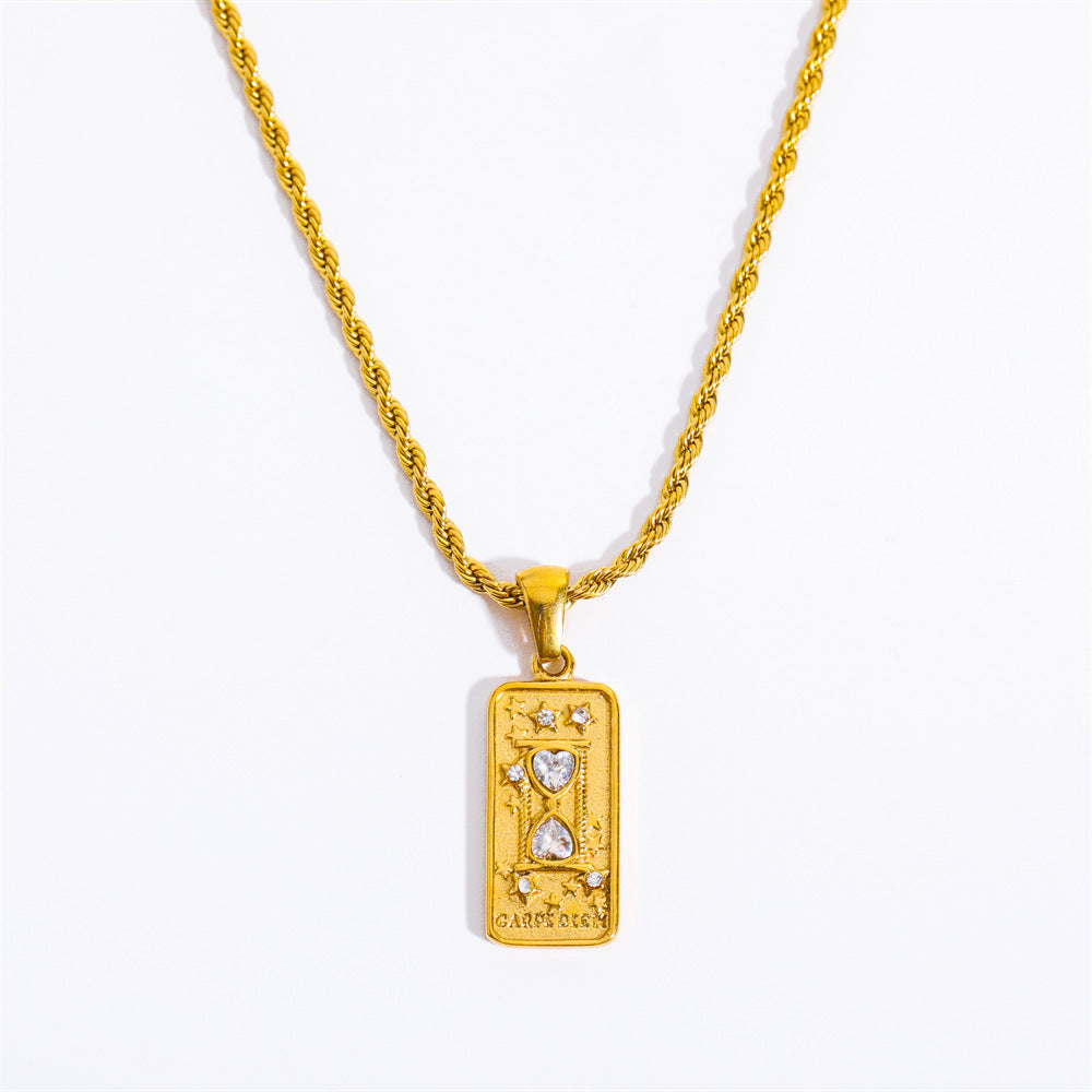 Minimalist Geometric Rectangular Sun God Floral Pendant Necklace in Titanium Steel with Rhinestone Inlay and Plated Finish