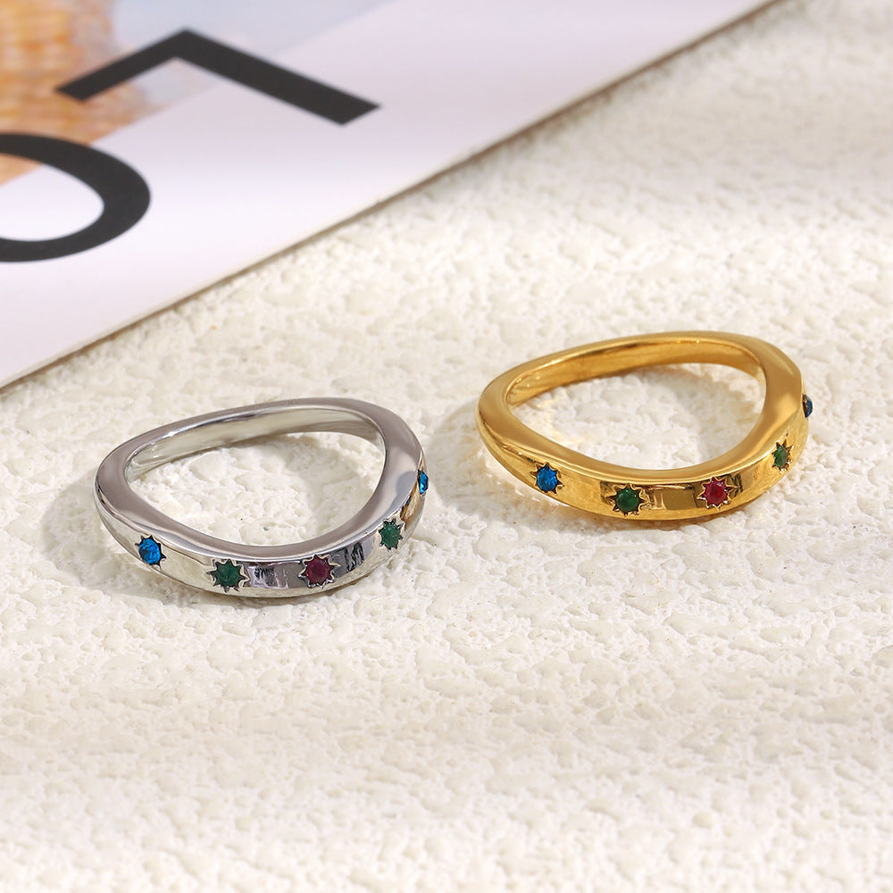 Minimalist Geometric Stainless Steel Plated 18K Gold Eight-Pointed Star Ring for Women with Colorful Rhinestone Inlay