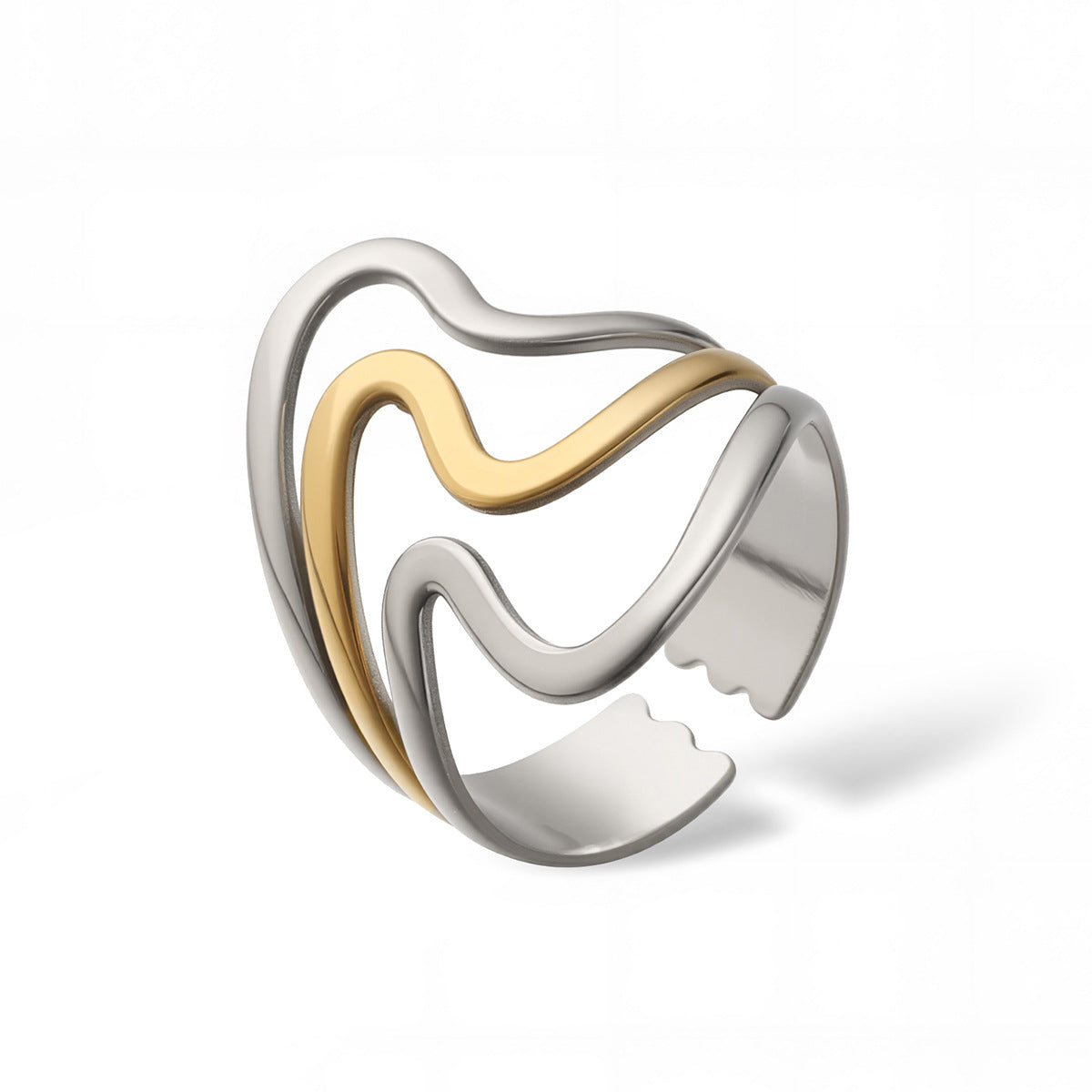 Anello Aperto Minimalista Geometrico in Acciaio Inossidabile da Donna con Dettagli Micro-Pavé e Design Irregolare