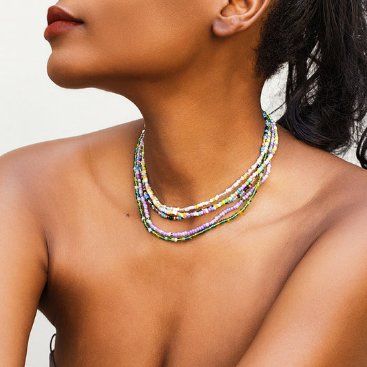 Bohemian Style Geometric Pendant Necklace Set for Women with Beaded Accents, Resin Plastic Construction, and Ball Chain