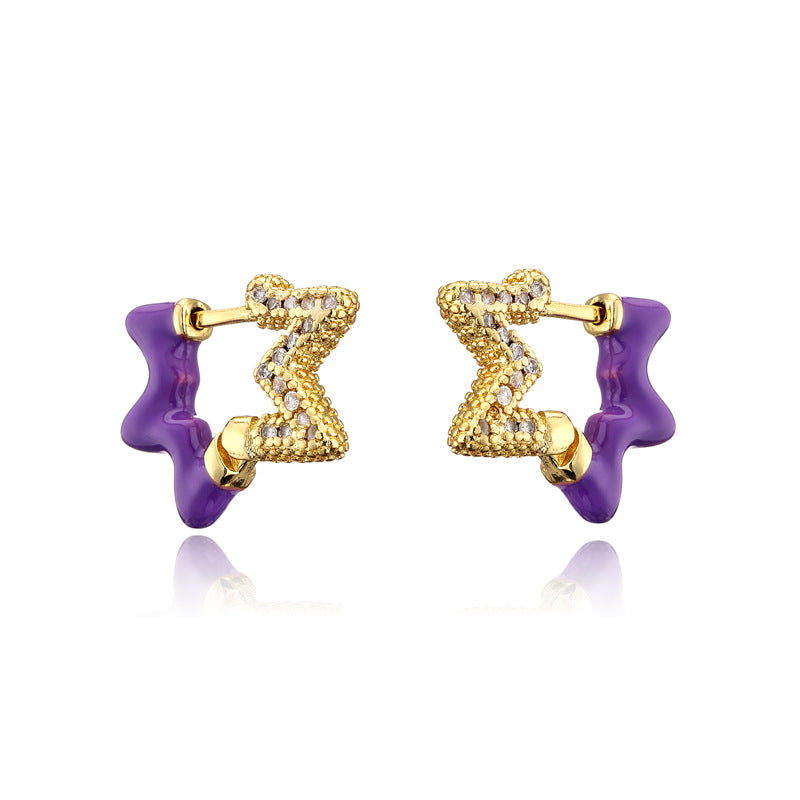 Colorful Drip Oil Cubic Zirconia Star 18K Gold Plated Brass Hoop Earrings for Women