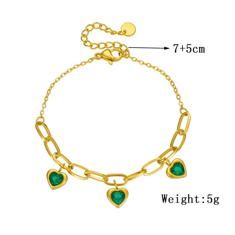 Vintage-Style Heart-Shaped Gold-Plated Titanium Steel Bracelet with Colorful Gemstone Accent