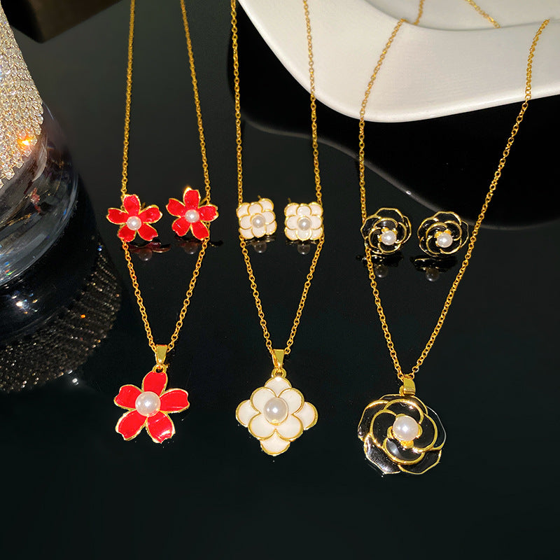 Sweet Elegant Camellia Flower Brass Plated Necklace and Earring Set with Cable Chain for Women