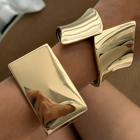 Geometric Square Polished Metal Cuff Bracelet for Women with Electroplated Finish and Bold Wraparound Design