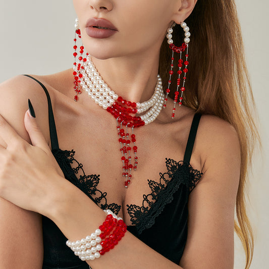 Sweet Gothic Geometric Crystal Faux Pearl Teardrop Tassel Necklace for Women