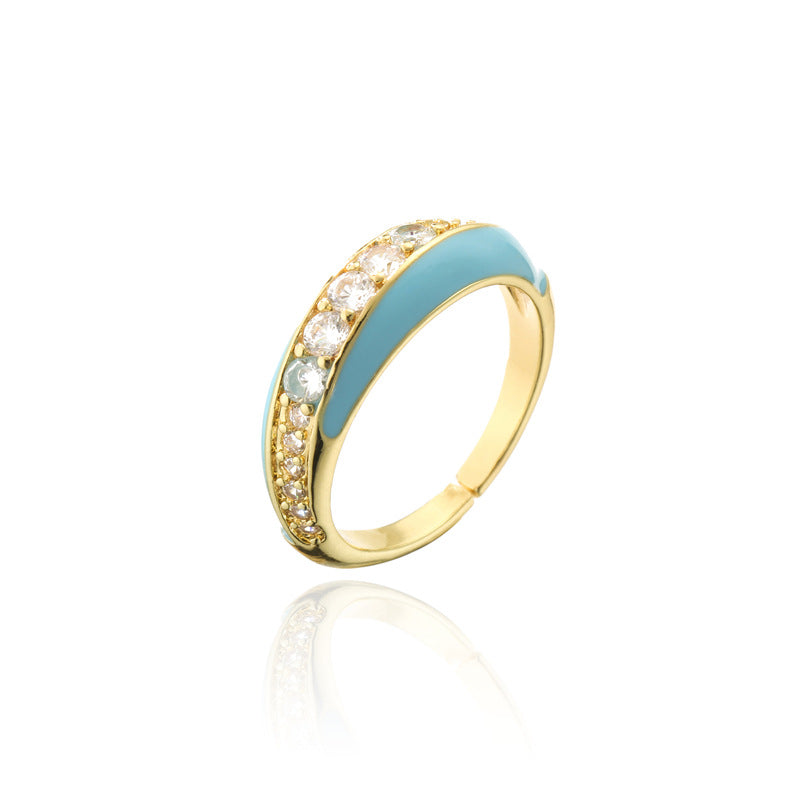 Fashion Geometric Drip Oil Brass Micro-Inlaid Cubic Zirconia Adjustable Open Ring for Women