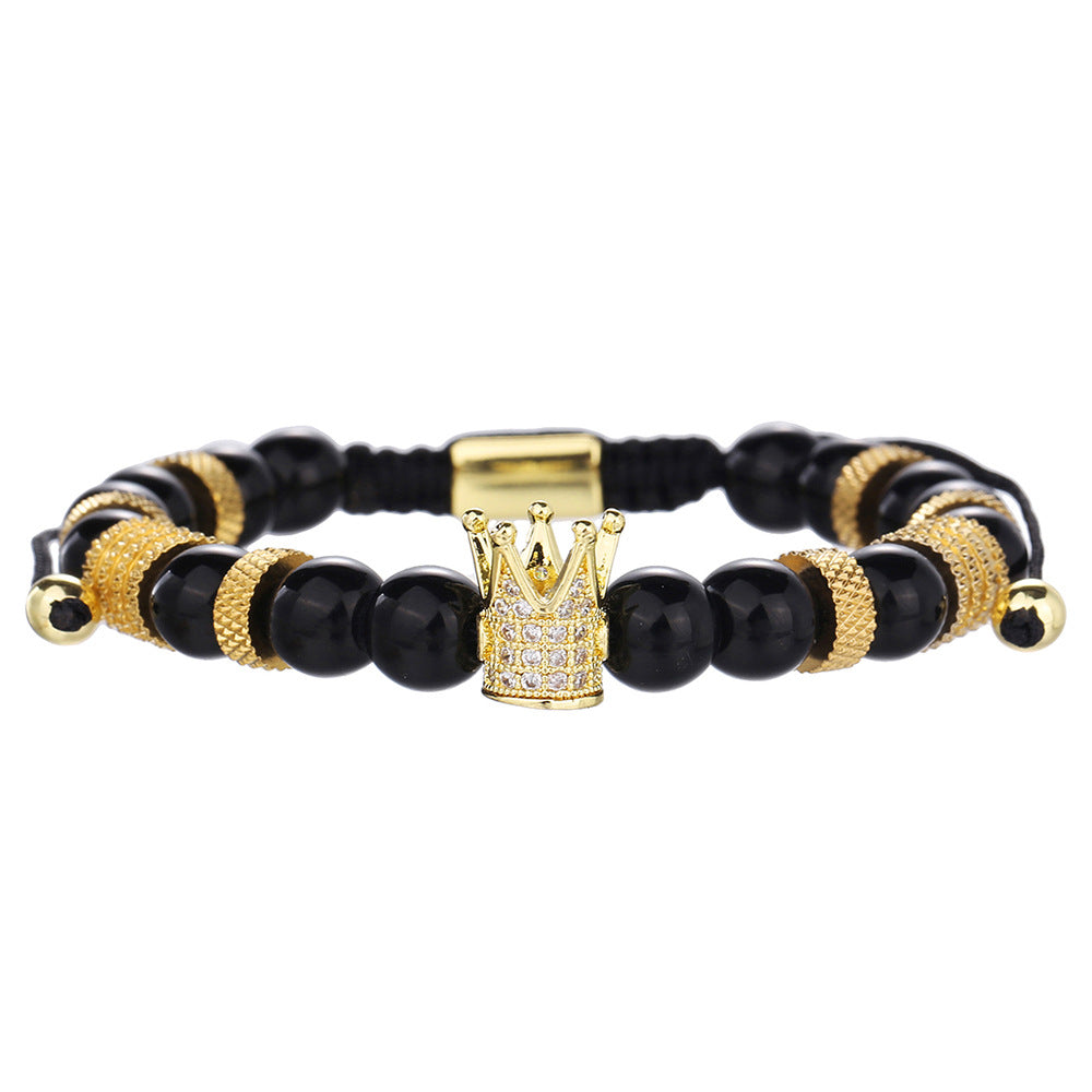 Punk Hip-hop Geometric Crown Drip Oil Titanium Steel Brass Plated Cubic Zirconia Agate Bracelet Set for Men