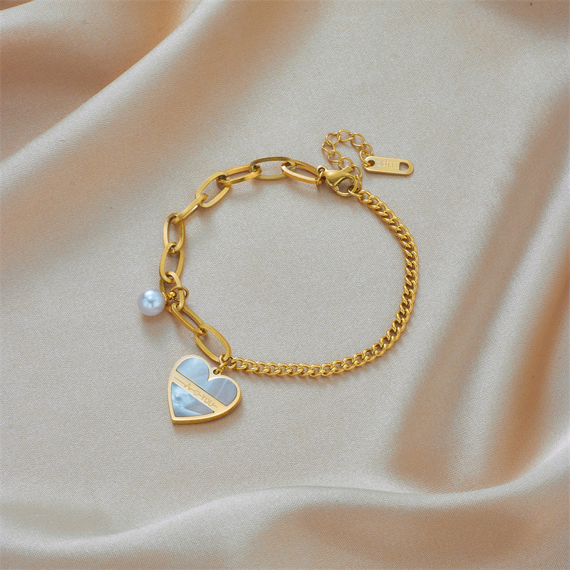 Pulsera de Corazón de Perlas Chapada en Acero de Titanio Asimétrica de Moda Vintage para Mujer