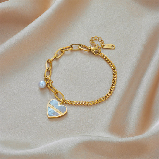 Pulsera de Corazón de Perlas Chapada en Acero de Titanio Asimétrica de Moda Vintage para Mujer