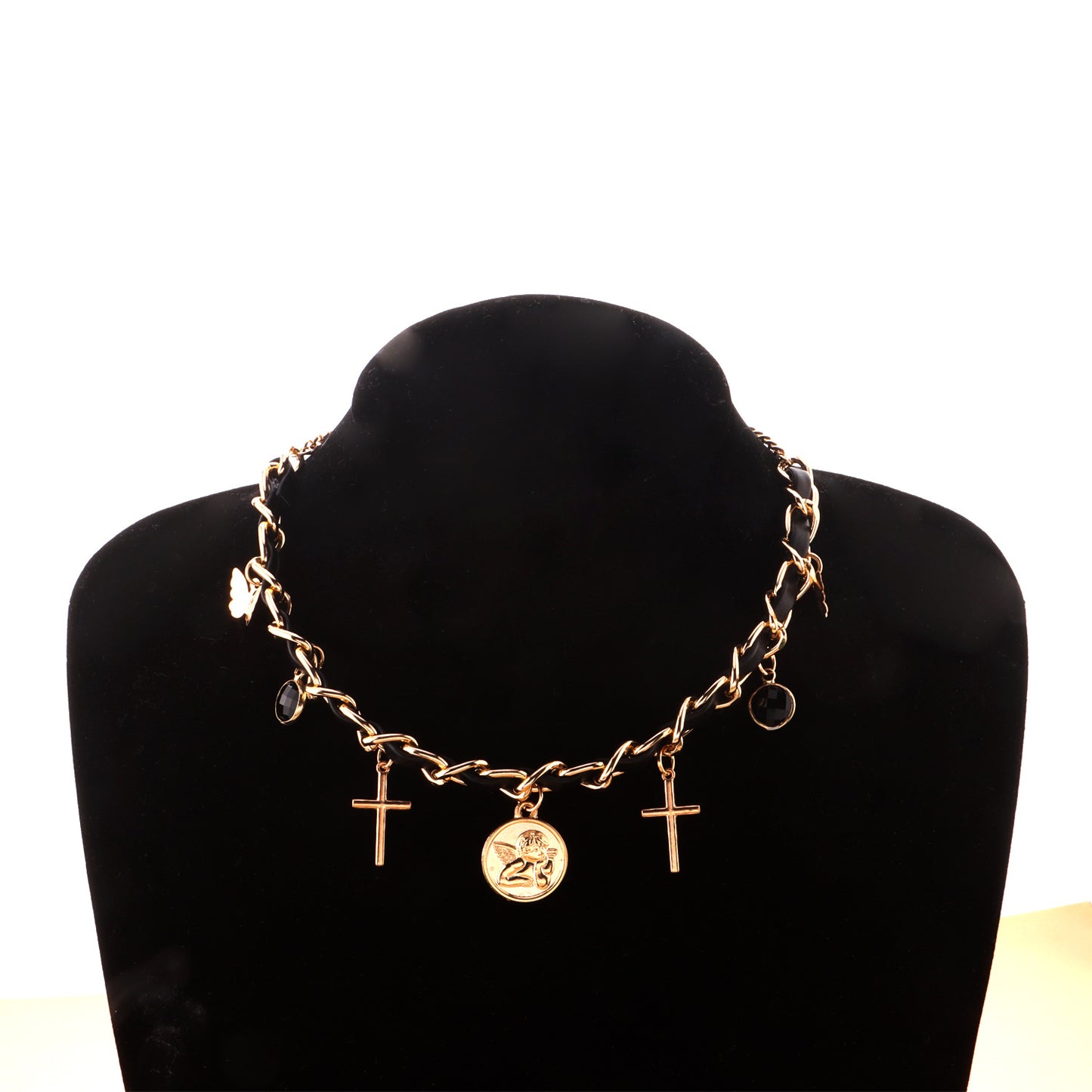 Collana con Pendente Geometrico Tondo Angelo da Donna con Motivi a Croce e Farfalla, Catena in Lega, Finitura Galvanizzata